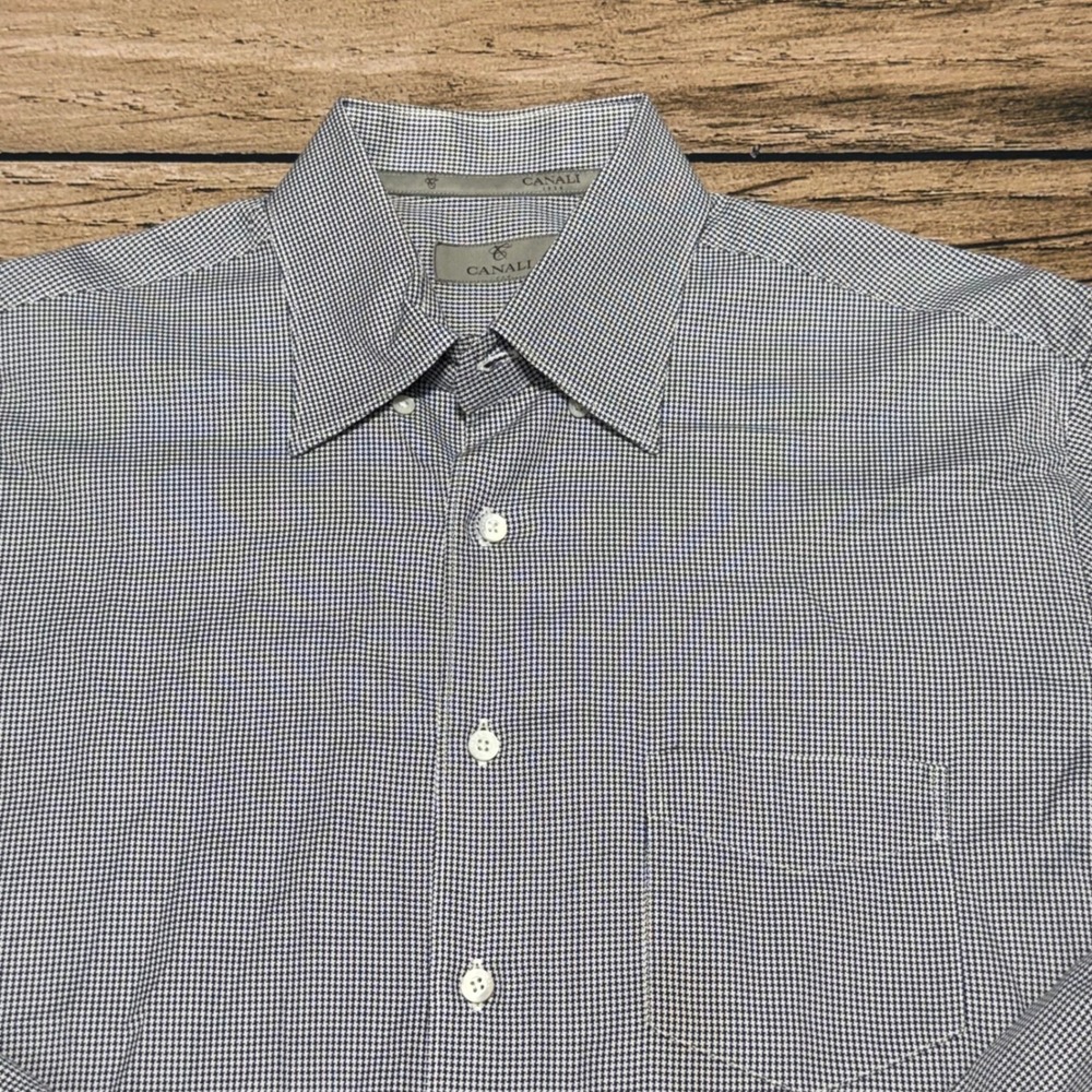 Canali Button Down Shirt Mens XL Blue Micro-Houndstooth Cotton Made in Italy
